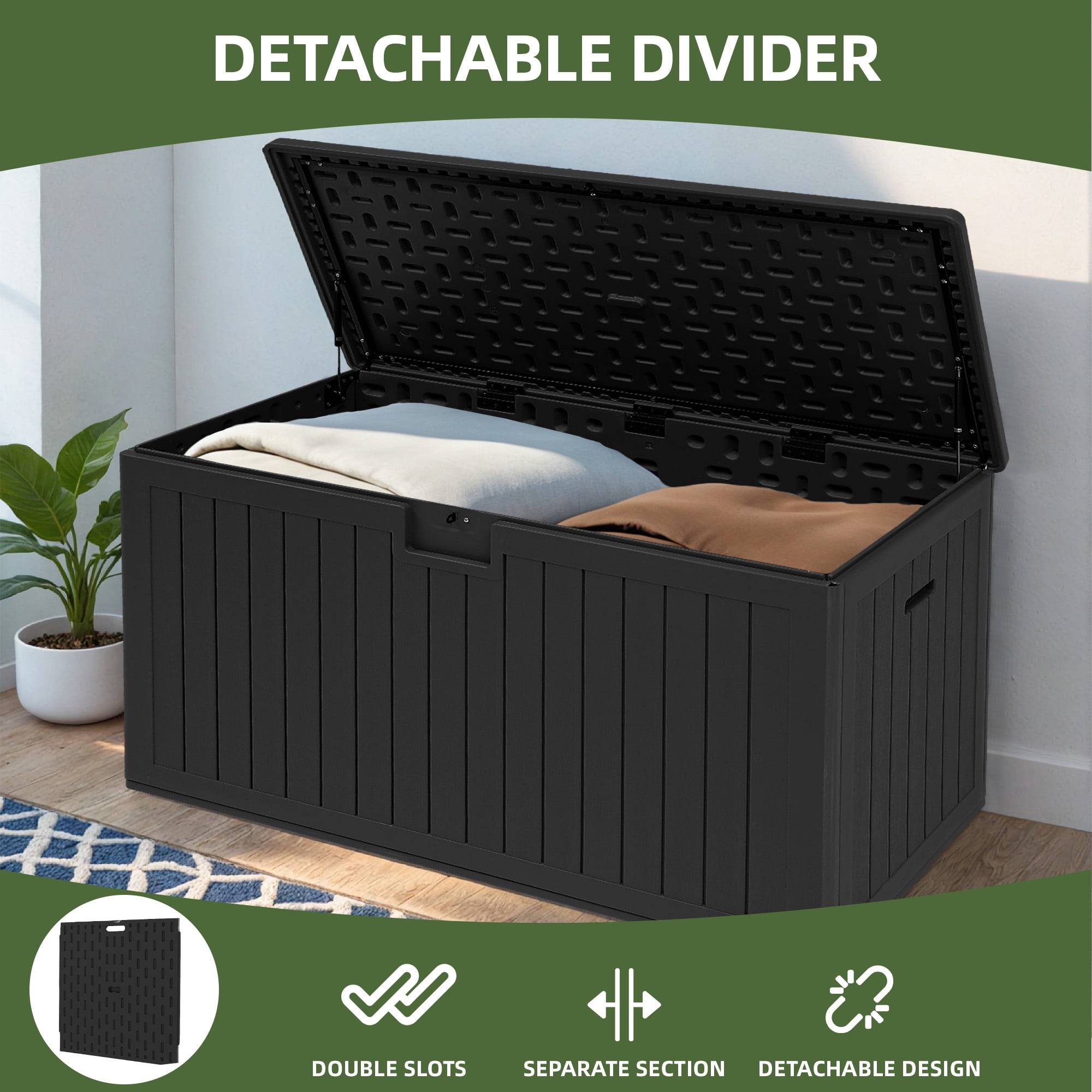 Uforic 180 Gallon Extra Large Outdoor Deck Box, Double-Wall Resin Storage Box with Flexible Divider, Lockable,‎Weatherproof,Black