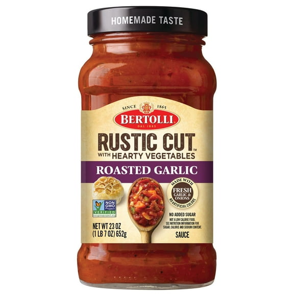 Bertolli Rustic Cut Roasted Garlic Pasta Sauce, Hearty Non-GMO Vegetables and Zero Sugar, 23 oz