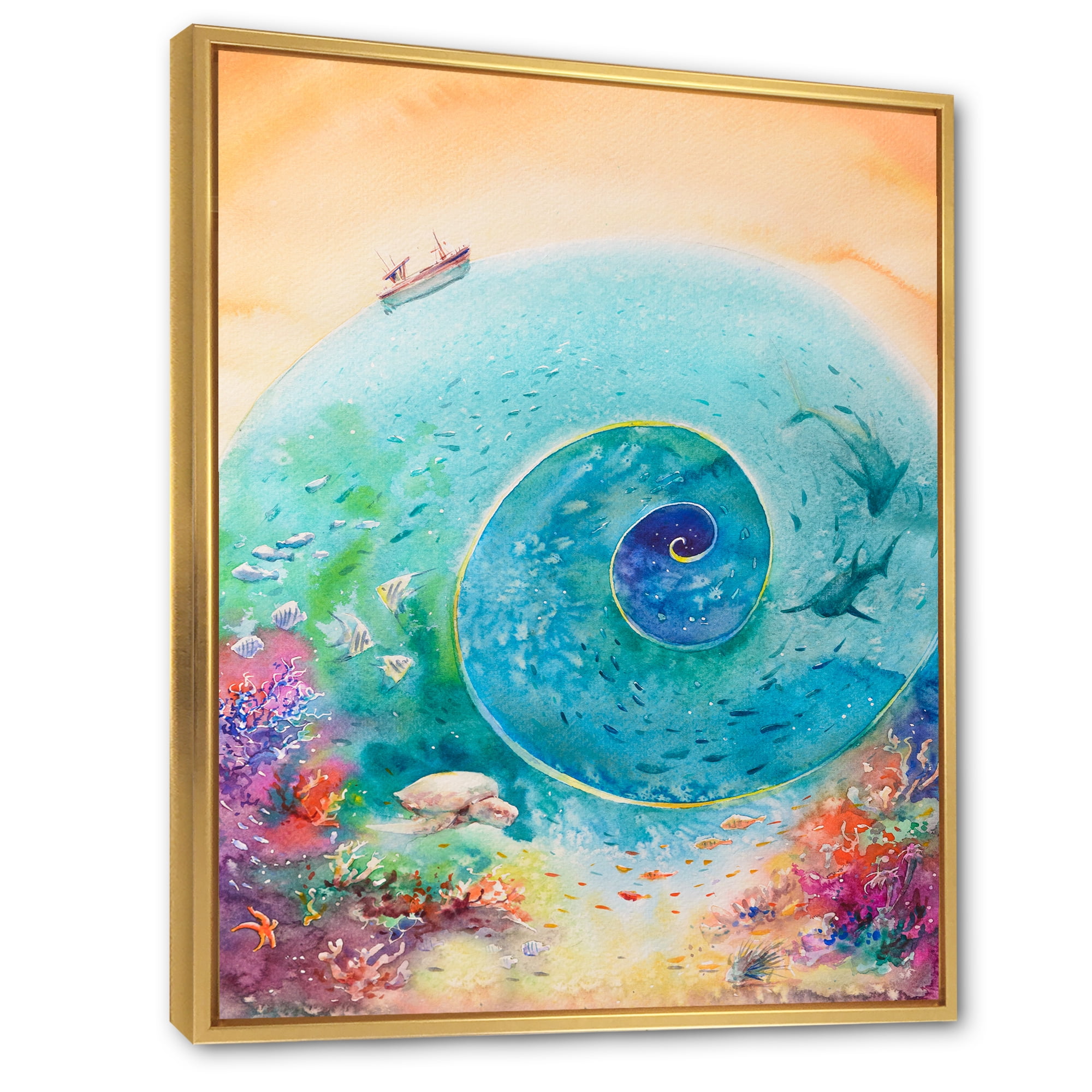 Designart 'Coral Reef Fishes With Turquoise Ocean Spiral' Nautical & Coastal Framed Canvas Wall Art Print
