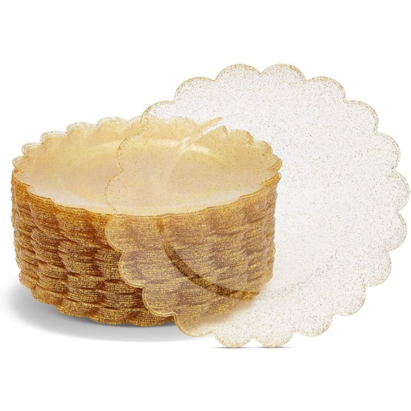 50 Paquets d'Assiettes Jetables en Plastique Doré, Ensemble de Vaisselle pour Anniversaire, Mariage, Douches de Bébé et de Mariée, Paillettes Dorées avec Bords Festonnés, 9 Pouces