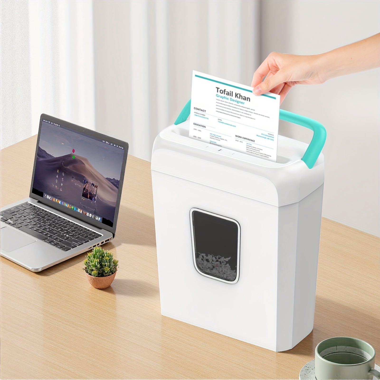 Manual Cross-Cut Paper Shredder for Home Office, 6-Sheet Capacity, Shreds Credit Cards, Staples & Clips, 3.4-Gallon Bin, White & Teal Design, 110-130V US Plug