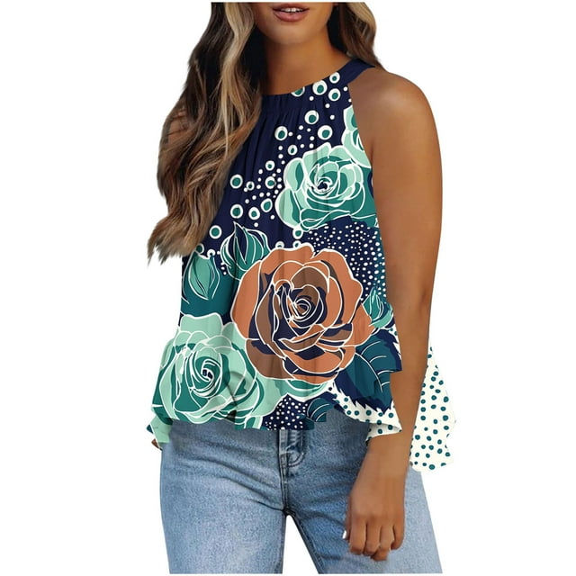 Weiqiqre Summer Outfits for Women 2025 Adjustable Tie Neckline Ruffle Hem Sleeveless Flowy Halter Tops