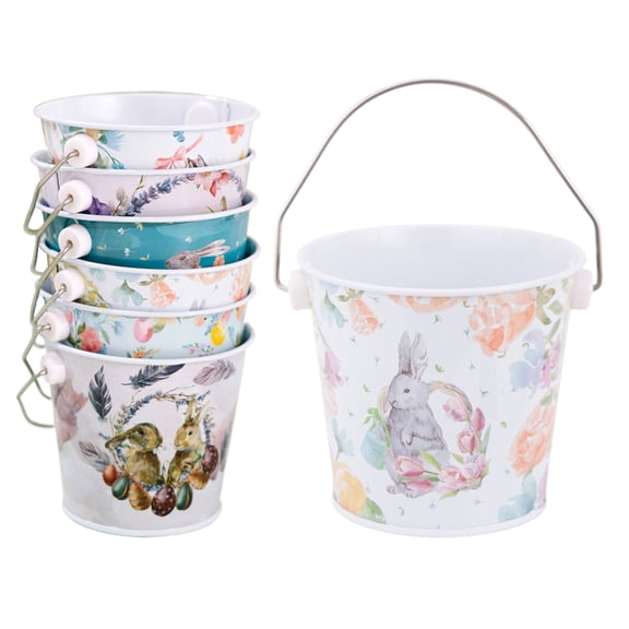Ksruee Easter Egg Hunt Bucket 6 Pieces Rabbit Pattern Storage Container Metal Treat Bucket with Handle for Kids Easter Spring Party Favors Candy Chocolate Egg Hunt