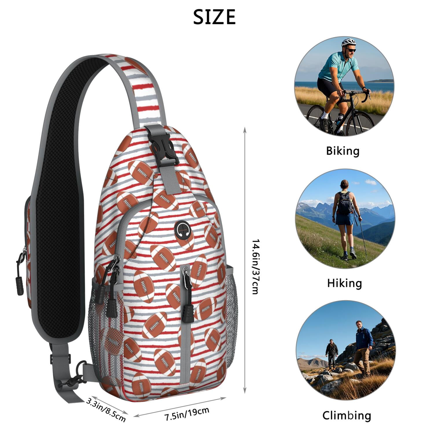 Baseball and Football Print Sling Bag for Boys – Lightweight Durable Polyester Crossbody Backpack with Secure Zippers, Large Compartments, Mesh Side Pockets for Training, Competition, and Outdoor Play