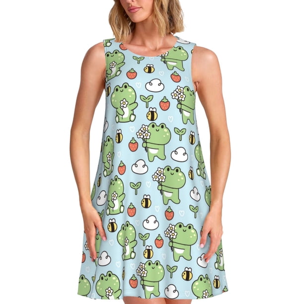 Fotbe Cute Floral Frog Vestido de Verano sin Mangas para Mujer – Vestido Midi Línea A, Estilo Camiseta Floral, Vestido Playero Casual y Fluido