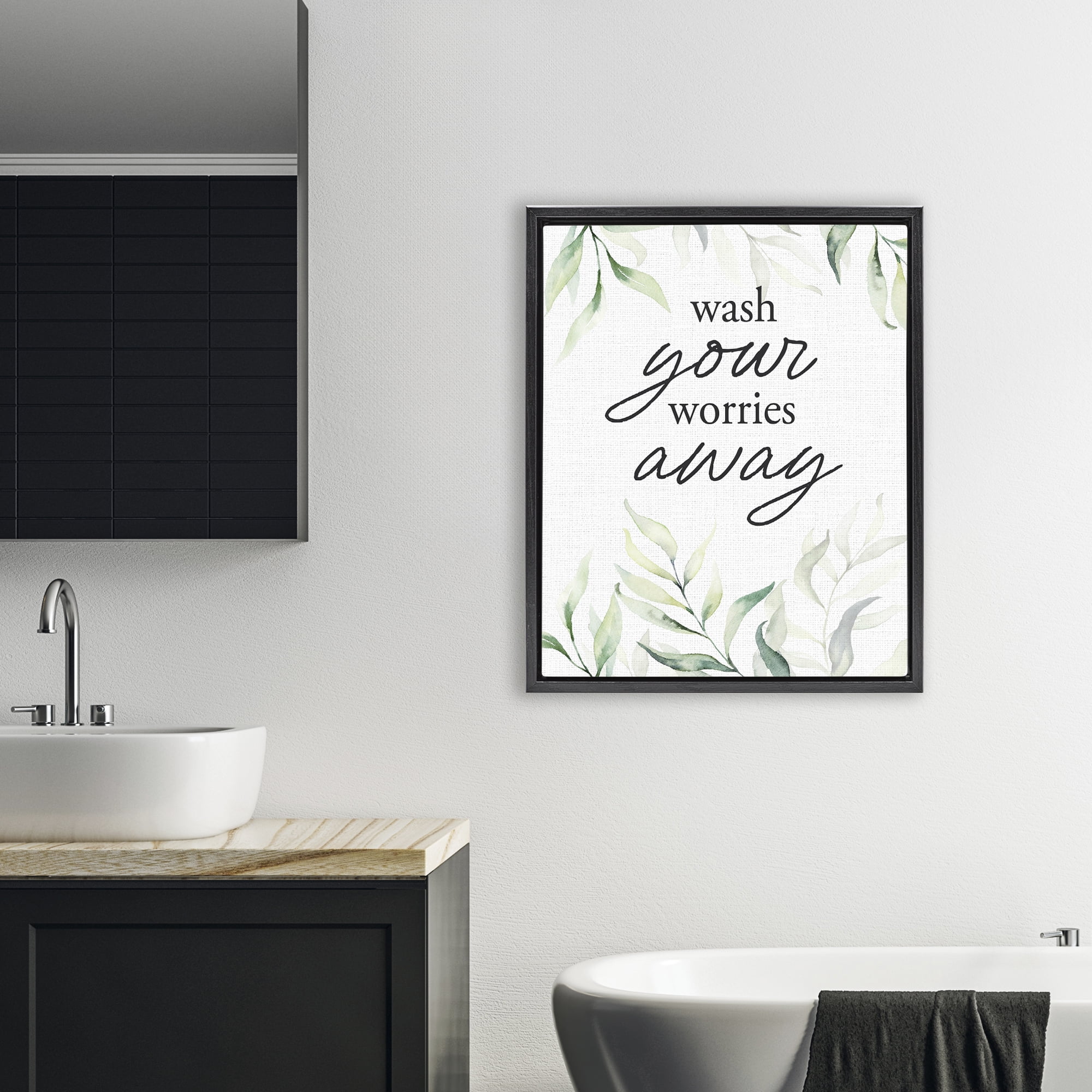 Wash Worries Away Leaves Black Framed Floater Canvas Wall Art, design by Lettered and Lined