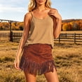 thumbnail image 2 of Unir Women Irregular Cut Long Fringe Faux Suede A Line Mini Skirt High Waist Metal Rivet Western Cowboy Casual Bottom 1PC S-XXL Plus Size Friendly, 2 of 5