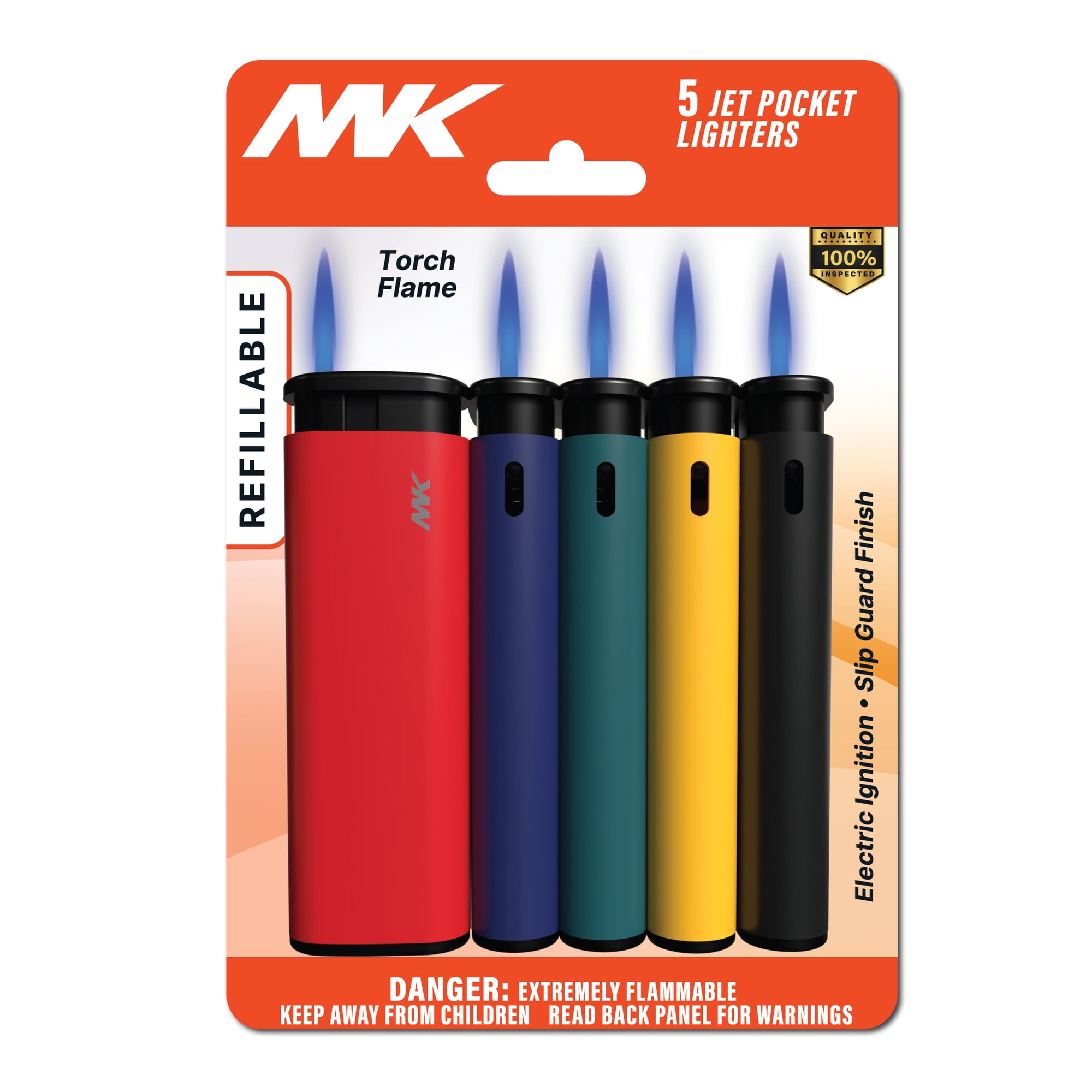 MK Refillable Pocket Butane Torch Lighters, 5 Pack, Assorted Colors