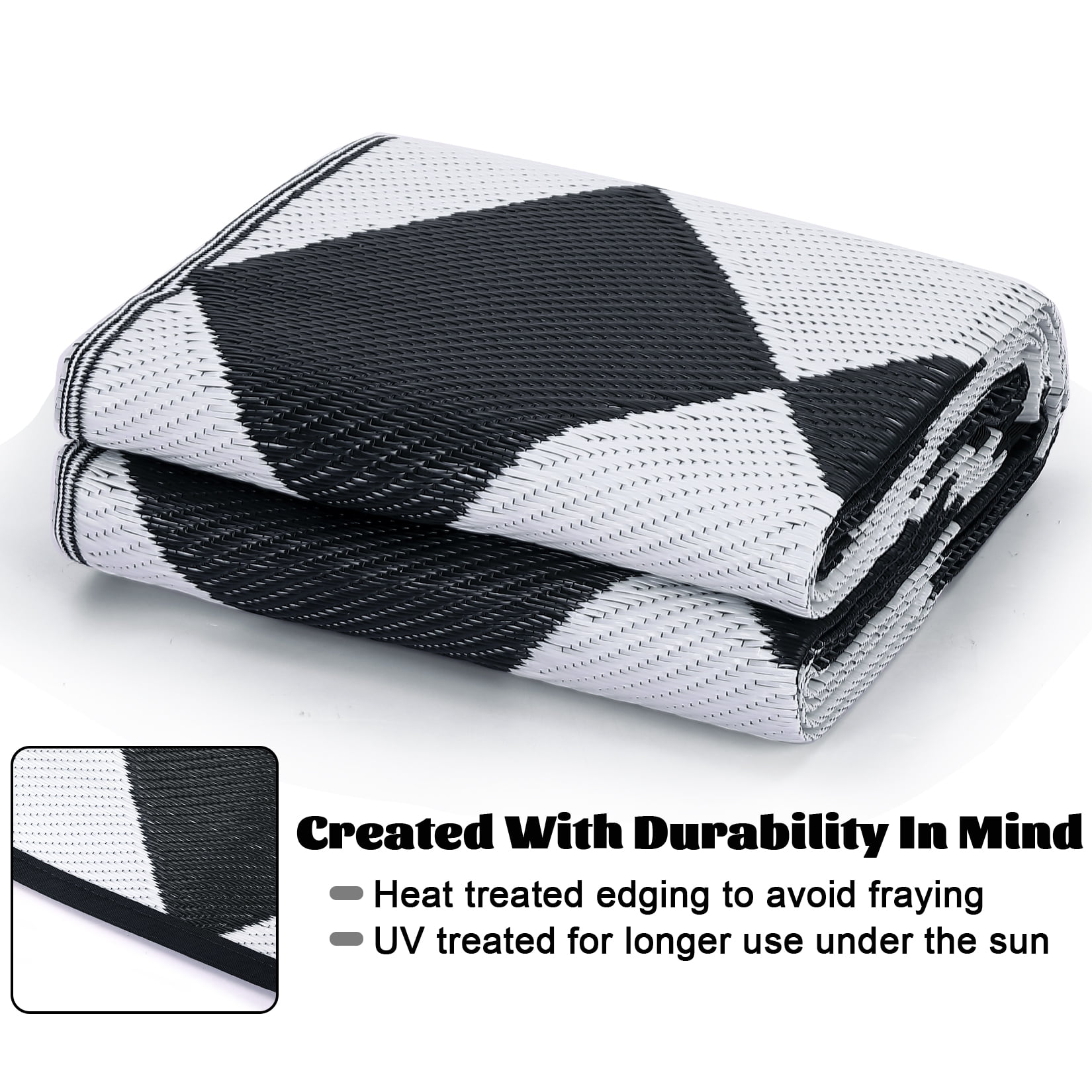 GlowSol 10x14 Outdoor Rug Waterproof Carpet Patio Rug Indoor Outdoor Area Rug Reversible Rug for Picnic Beach Deck-Outdoor, Black/White