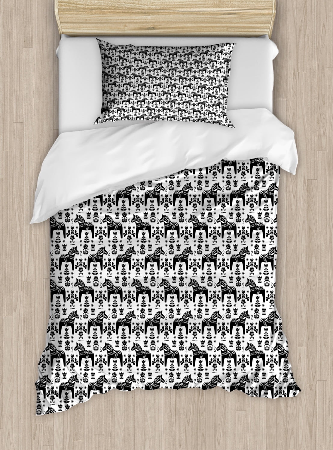 Nordic Twin Size Duvet Cover Set Swedish Folk Art With