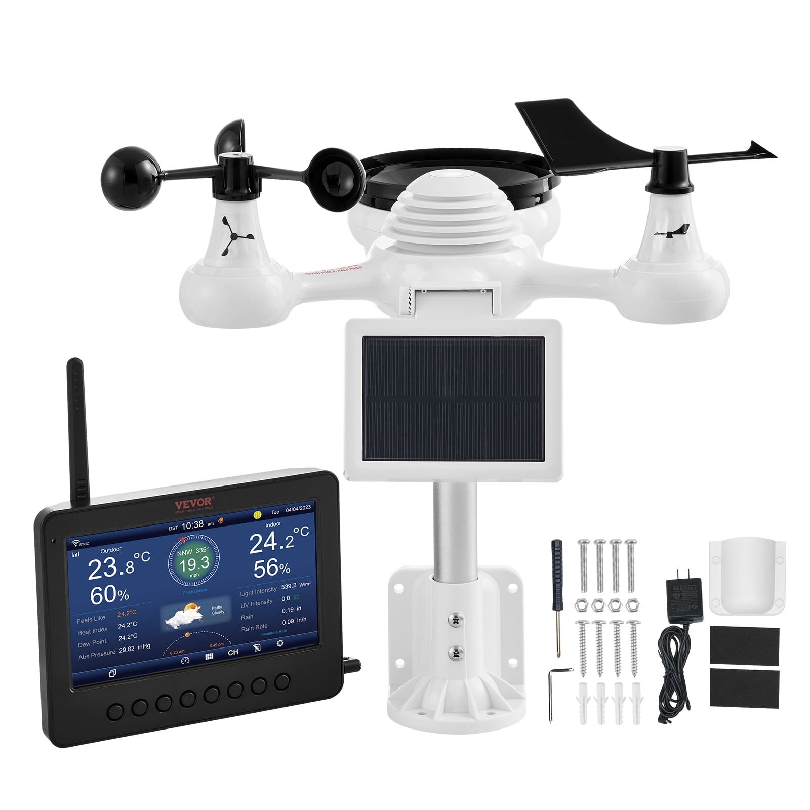 VEVOR 7-in-1 Wireless Weather Station with Wi-Fi,7" TFT Colorful Display, Solar-Powered Outdoor Sensor, Indoor & Outdoor Monitoring, Includes Temperature, Humidity, Wind Speed/Direction, and Rainfall