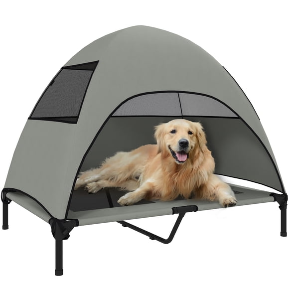 PawHut Outdoor Elevated Dog Bed with Canopy Raised Dog Bed Light Grey