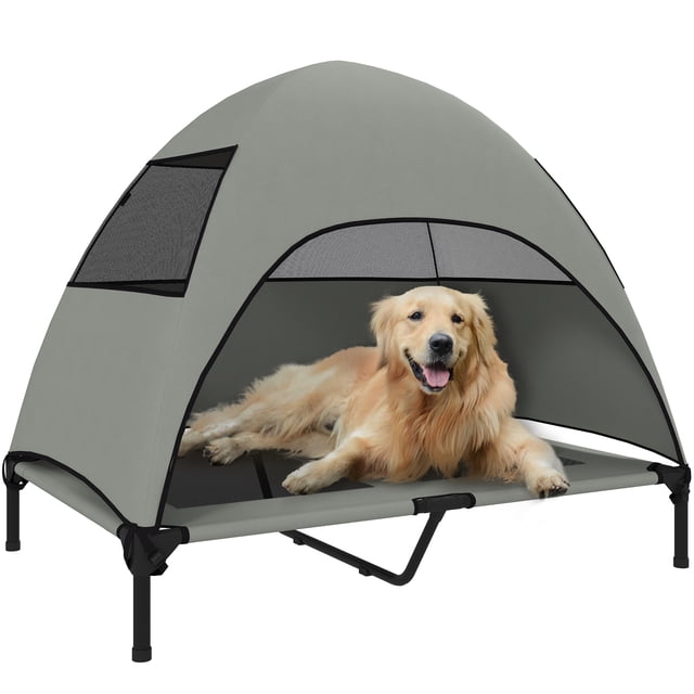 PawHut Outdoor Elevated Dog Bed with Canopy Raised Dog Bed Light Grey