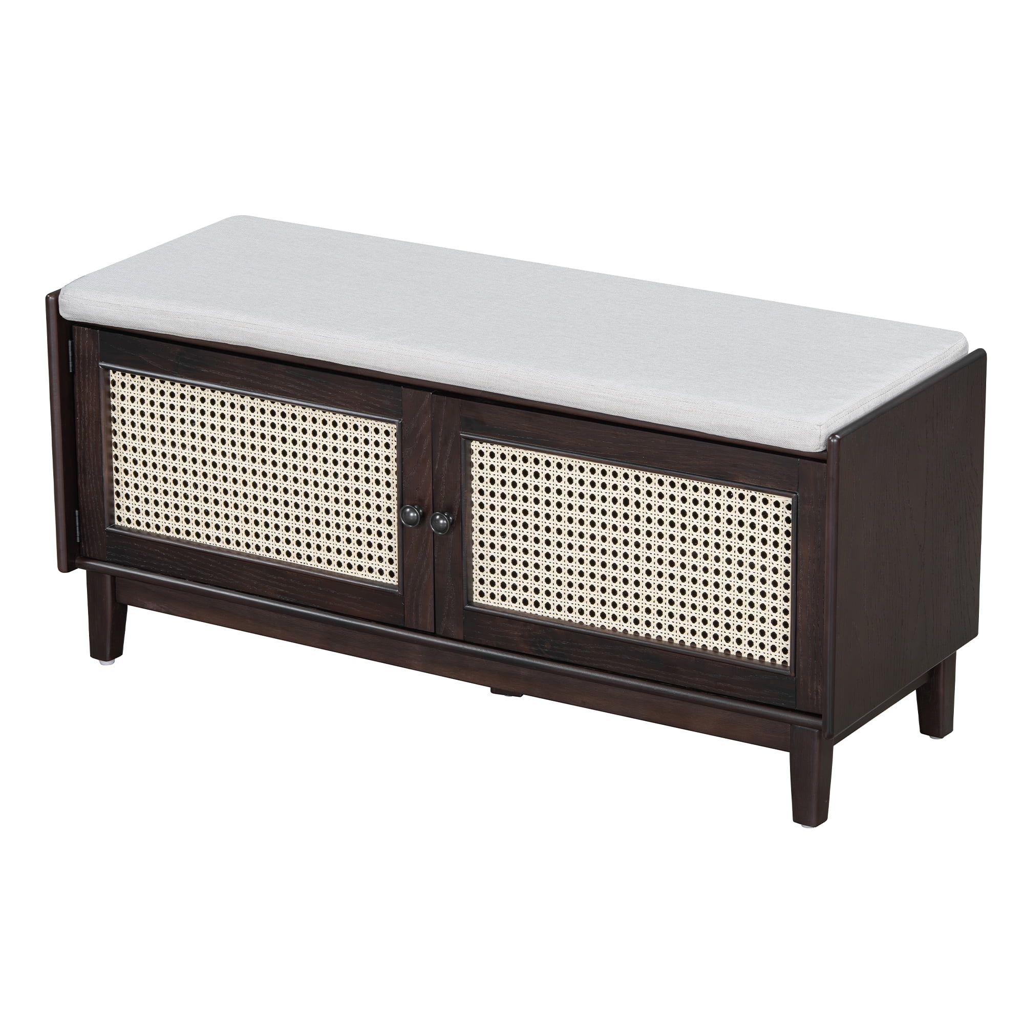 Euroco Boho Rattan Entryway Bench with Storage, Cushioned Shoe Bench with Double Doors, Wooden Shoe Organizer Bench for Entryway and Hallway (Espresso+Beige )