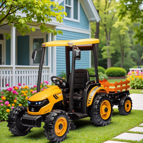 MIDOQIN Ride on Tractor with Trailer, 24V Electric Construction Vehicle with 3-Gear-Shift Ground Loader, Treaded Tires, LED Lights, Audio, Safety Belt, Kids Ride on Car