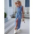 thumbnail image 3 of Womens Summer Casual Sleeveless Denim Shirt Dress Lapel Button Down Belted Jean Long Dresses Dark Blue XL, 3 of 8