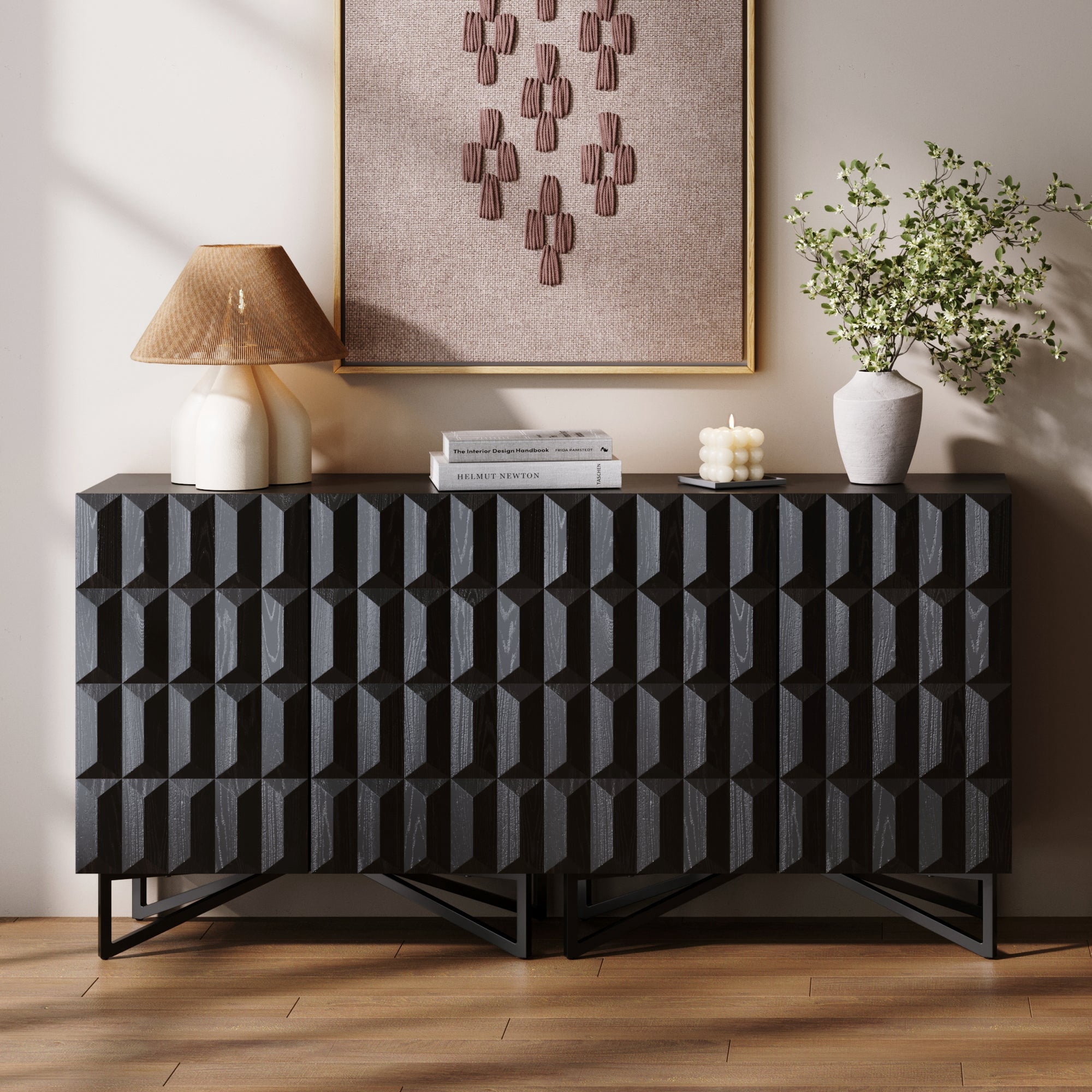 Nathan James Wolfie Wooden Contemporary Entryway Cabinet, Living Room Storage Cabinet or Dining Room Buffet with Sculpted Doors and Metal Legs, Black Oak