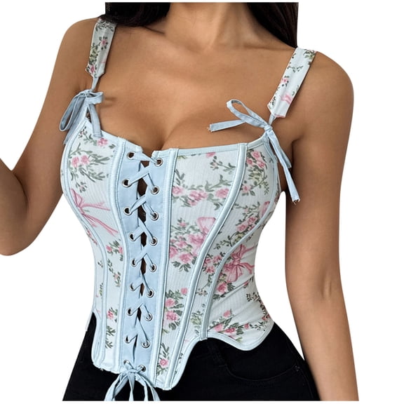 Women's Floral Overbust Corset Adjustable Straps and Front Lace Up Fashionable Body Shapewear Blue L
