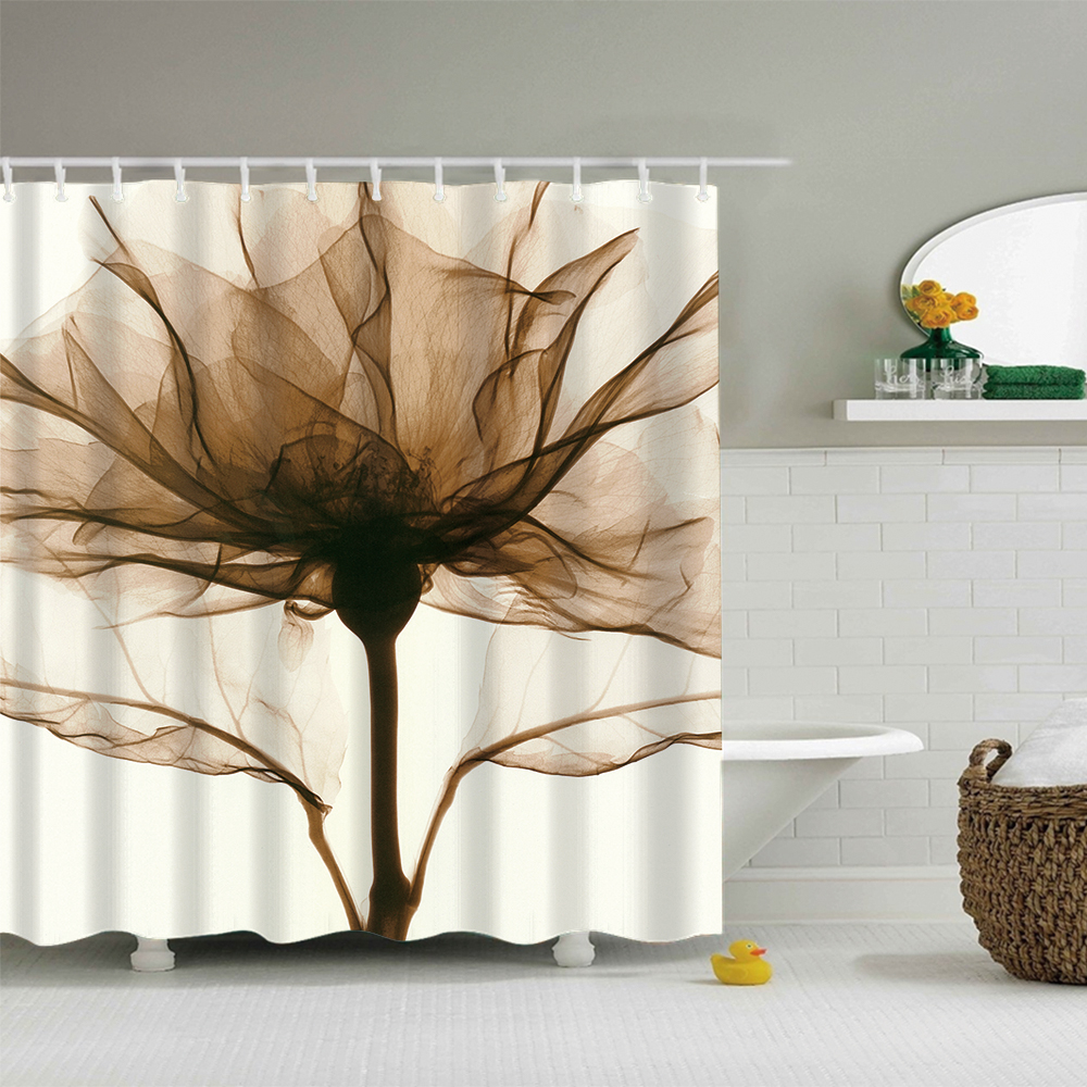 Floral Fabric Shower Curtain with 12 Hooks Brown Transparent Flowers