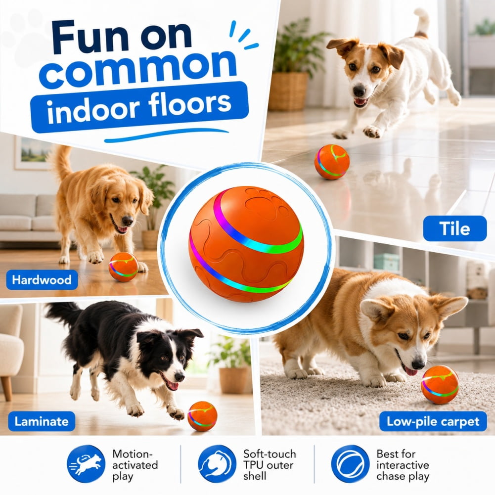 Bork Ball Disco For Dogs,Interactive Motion-Activated Moving & Bouncing Ball,Rotating Dog Toy With Glow-In-The-Dark Design For Puppies, Indoor & Outdoor Play