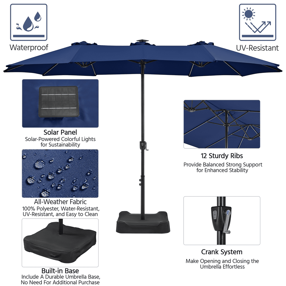 Renwick 15 FT Outdoor Umbrella with Base & Multi-Mode LED Lights Strips, Navy Blue