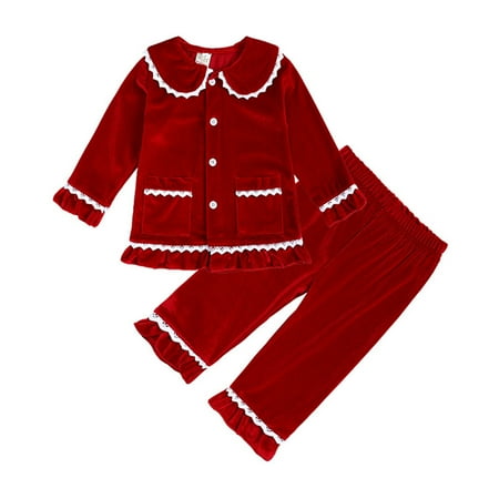 

Toddler Girls Long Sleeve New Christmas Red Solid Colour Pajamas For Children Sleepwear Tops Pants 2PCS Outfits Clothes Set For 2-3 Years