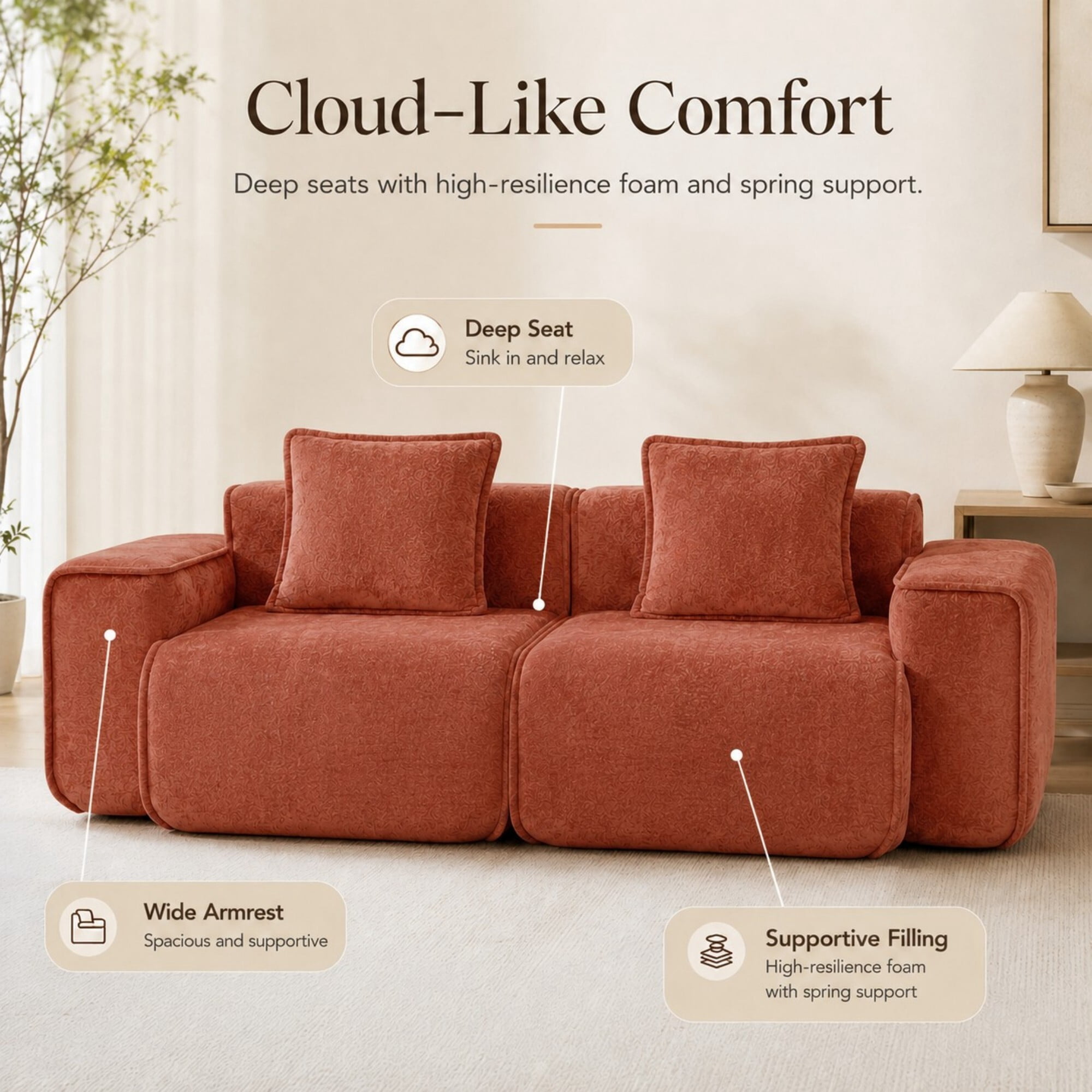DEALTOPS 78.7" Modern 2-Seater Velvet Boneless Cloud Sofa Couch, Modular Loveseat with 2 Pillows, Terracotta