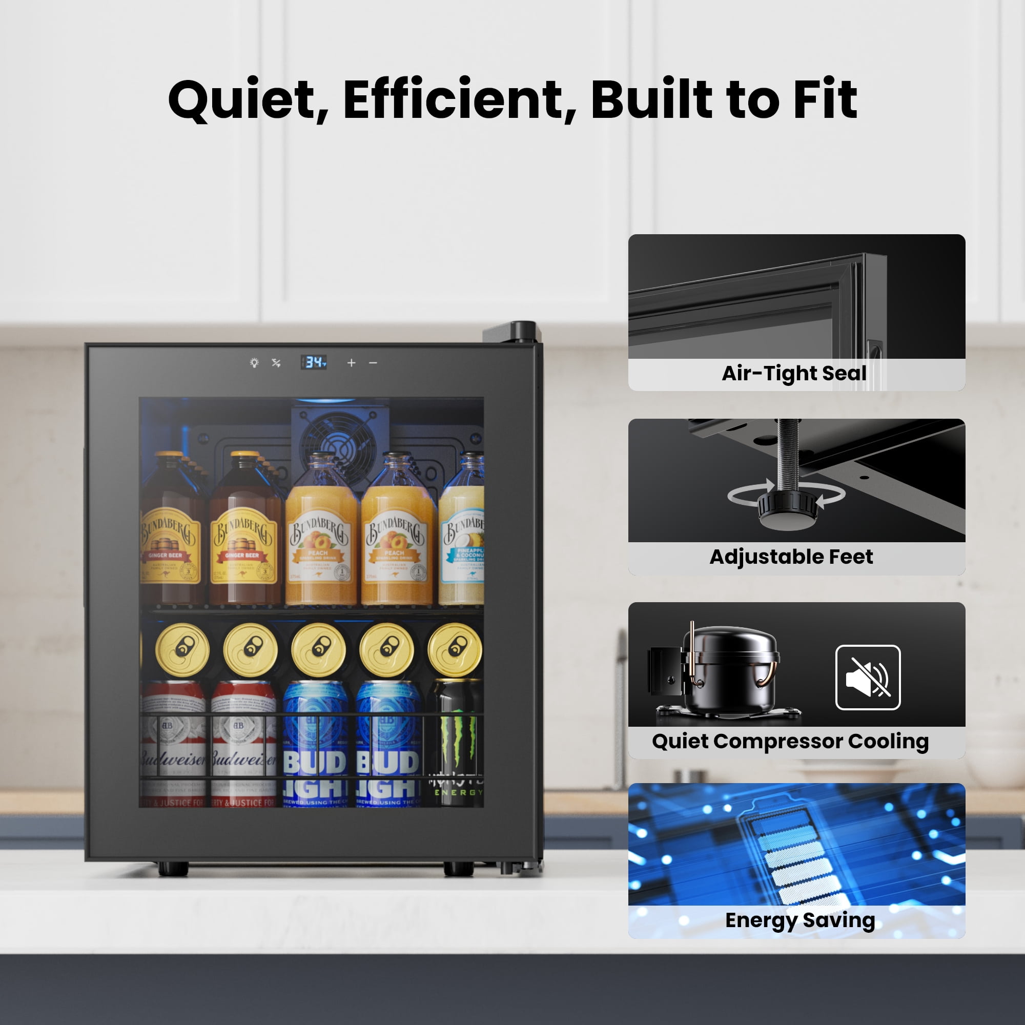 Yeego 65 Can Beverage Cooler Refrigerator, 1.63 cu.ft. Mini Fridge with Double Glass Door and Compressor for Home/Office/Bar,Black