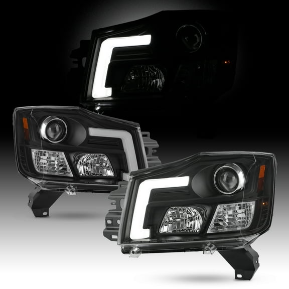 AKKON - Fits 2004-2015 Titan / 04-07 Armada [C-Tube Style] LED Projector Black Headlights Left Right Pair Set