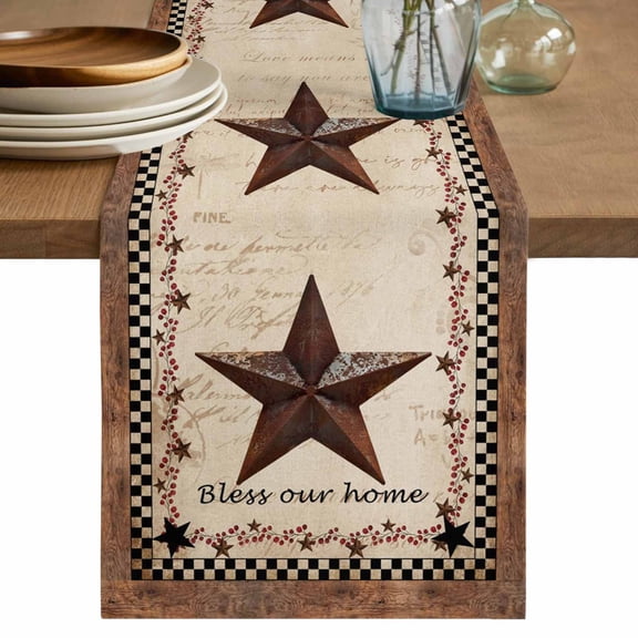 Table Runner 70 Inches Long for Kitchen Dining, Western Star Brown Dresser Scarf Farmhouse, Dining Table Decorations for Wedding/Parties, Texas Stars Retro Farmhouse Buffalo Plaid 13 x 70 In