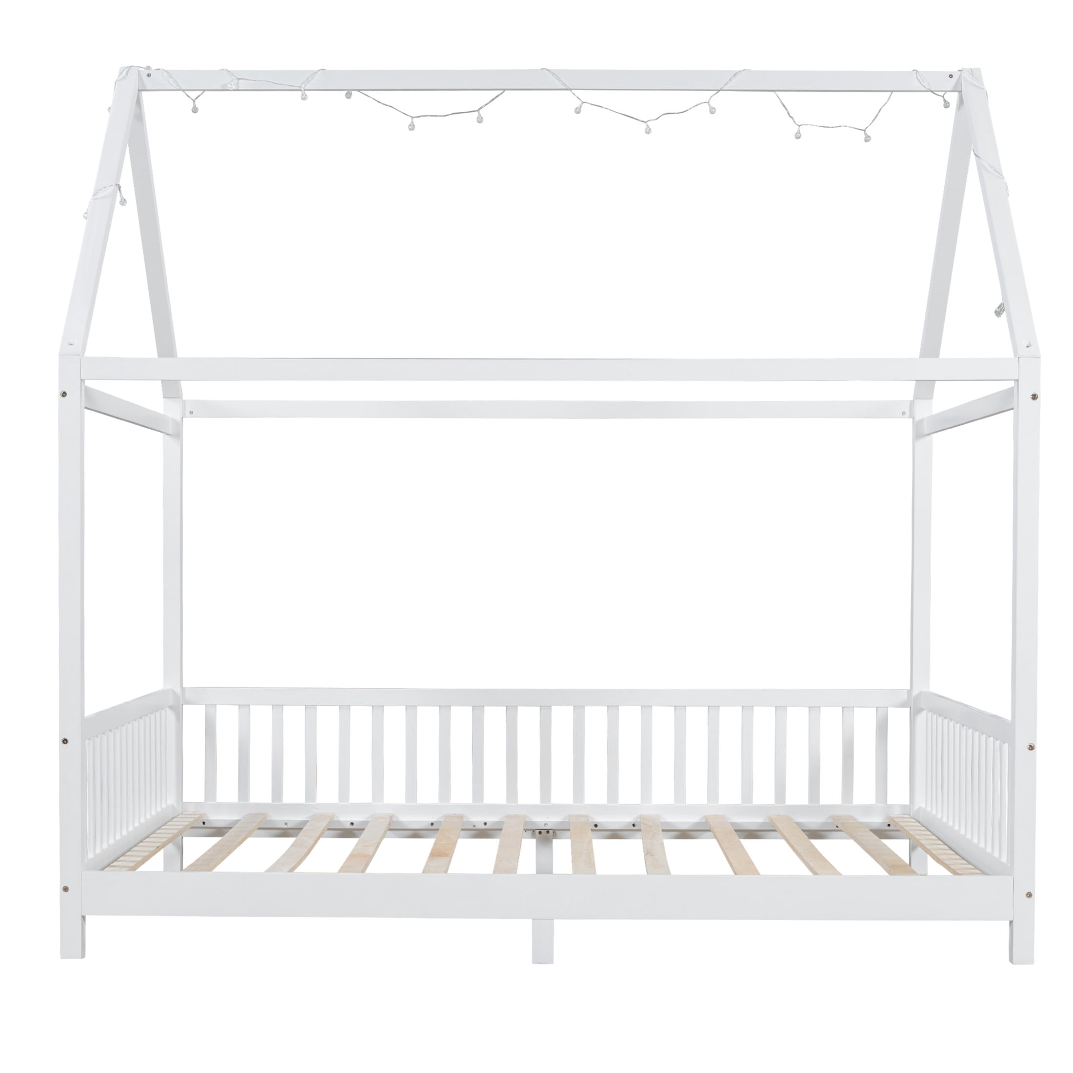 Noble House Auburn Full Size Wood House Bed with Integrated Guardrail and LED Lights, Sturdy 4-Poster Play Bed, White