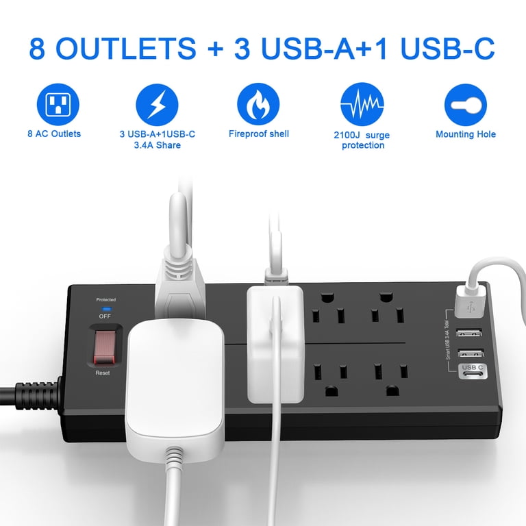 8-Outlet Power Strip with 4 USB Ports and 6ft Extension Cord, Black photo 3