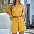 thumbnail image 2 of Rrunsv Womens Set Shorts Womens 2 Piece Casual Outfits Summer Pleated Short Sleeve Top and Set Button Down Shirt Yellow,XL, 2 of 5