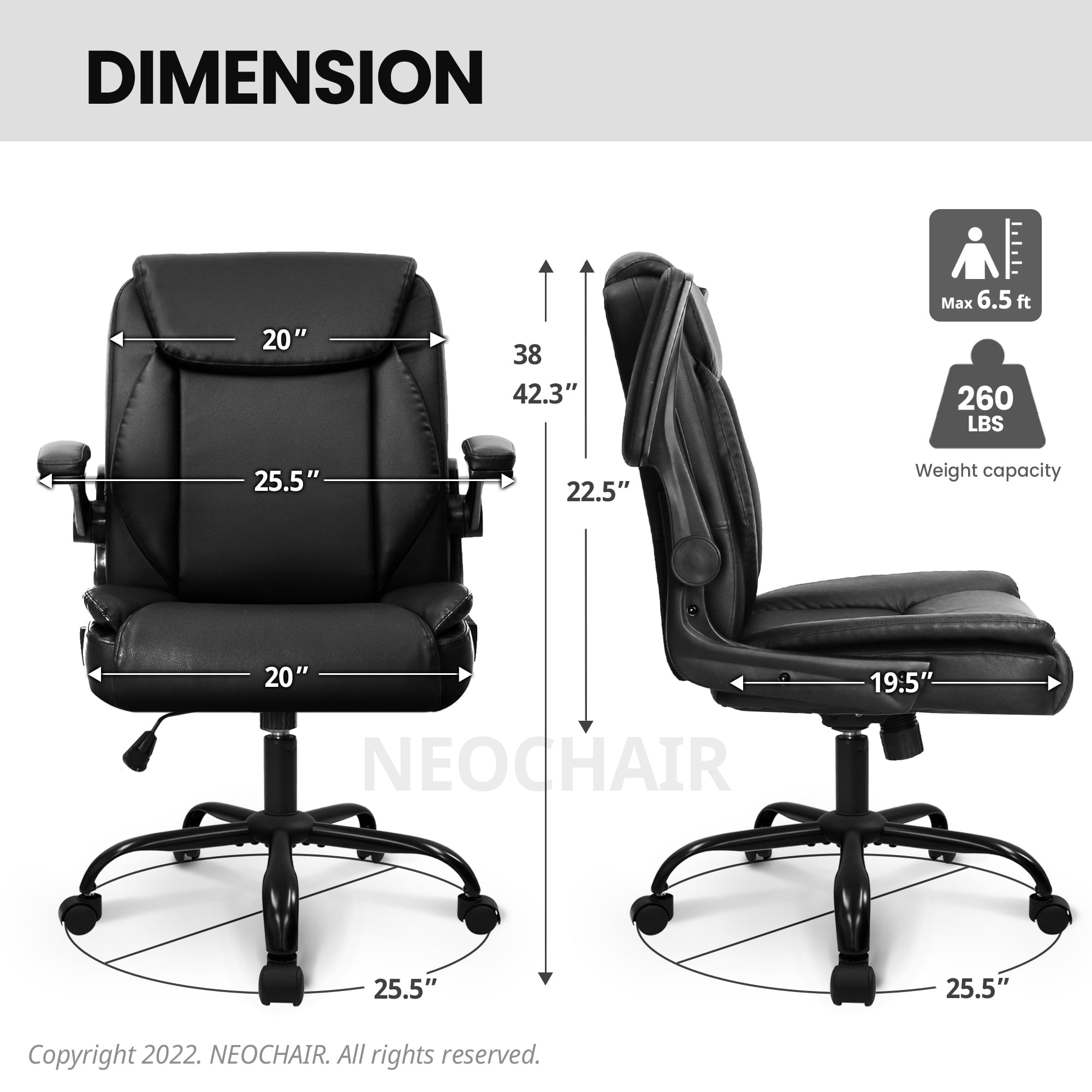 NEO CHAIR Leather Office Chair, Ergonomic PU Mid Back Executive Desk Chair with Flip-up Arms, Jet Black