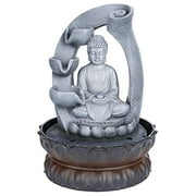 Tabletop Fountain, Desktop USB Small Water Fountains Indoor Waterfall Fountain Mini, with Irregular Stones, Decorative LED Lights, for Indoor Home Office Table Decoration (Light Grey Buddha Statue)