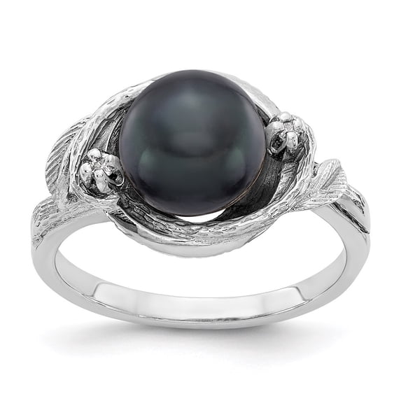 Solid 14k White Gold 7.5mm Black Freshwater Cultured Pearl Diamond Ring Band Size 8.5 (.02 cttw.)