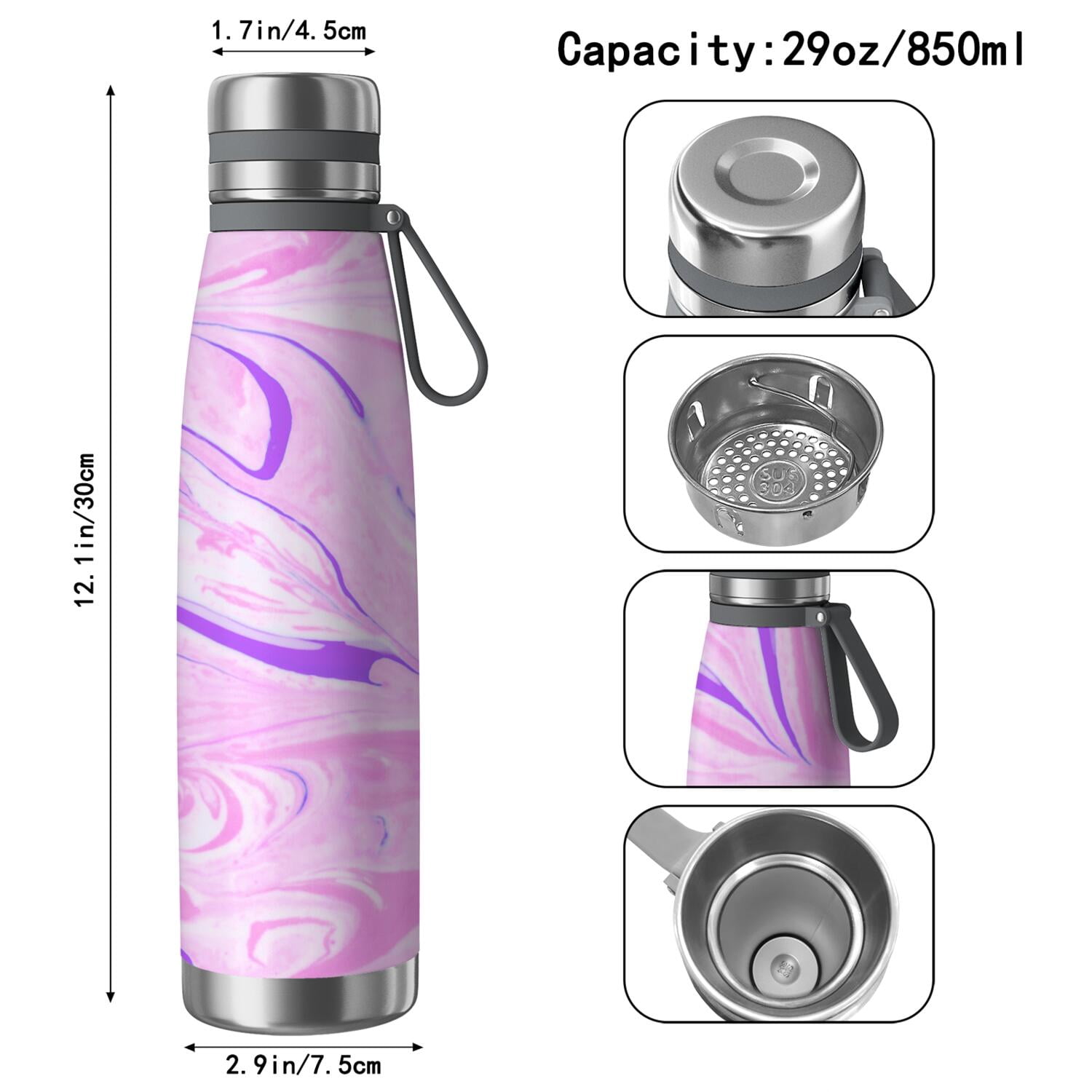 29oz Insulated Water Bottle with Tea Infuser, Stainless Steel Travel Mug, Liquid & Marble Print