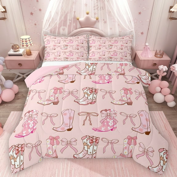 Homewish Pink Ribbon Bow Bedding Comforter Set,Rustic Cowgirl Boots Twin Comforter Sets,Pink Kawaii Bowtie Bedding Set For Girls,Breathable Home Decor Reversible,2-Piece