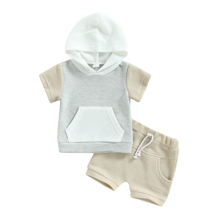 

Binpure Toddler Baby 2Pcs Summer Outfits Short Sleeve Waffle Knit Pocket Hoodie + Shorts Set