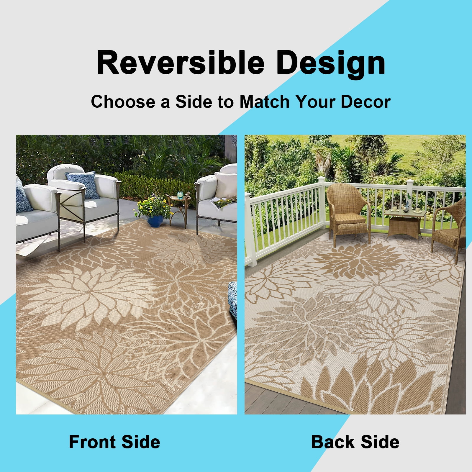 Ileading Outdoor Rugs for Patios 8'x10' Waterproof Patio Mat Plastic Straw Rug Reversible RV Camping Tent Rug Outside Area Rug for RV, Patios,Deck, Beach,Balcony, Camping