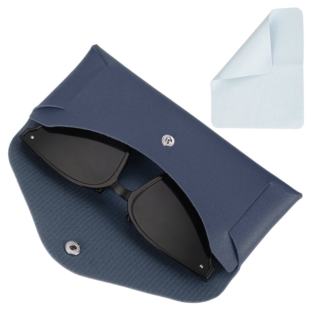 Funda de gafas de cuero con botón y paño de limpieza para hombres y mujeres, estuches para gafas de sol (azul oscuro)