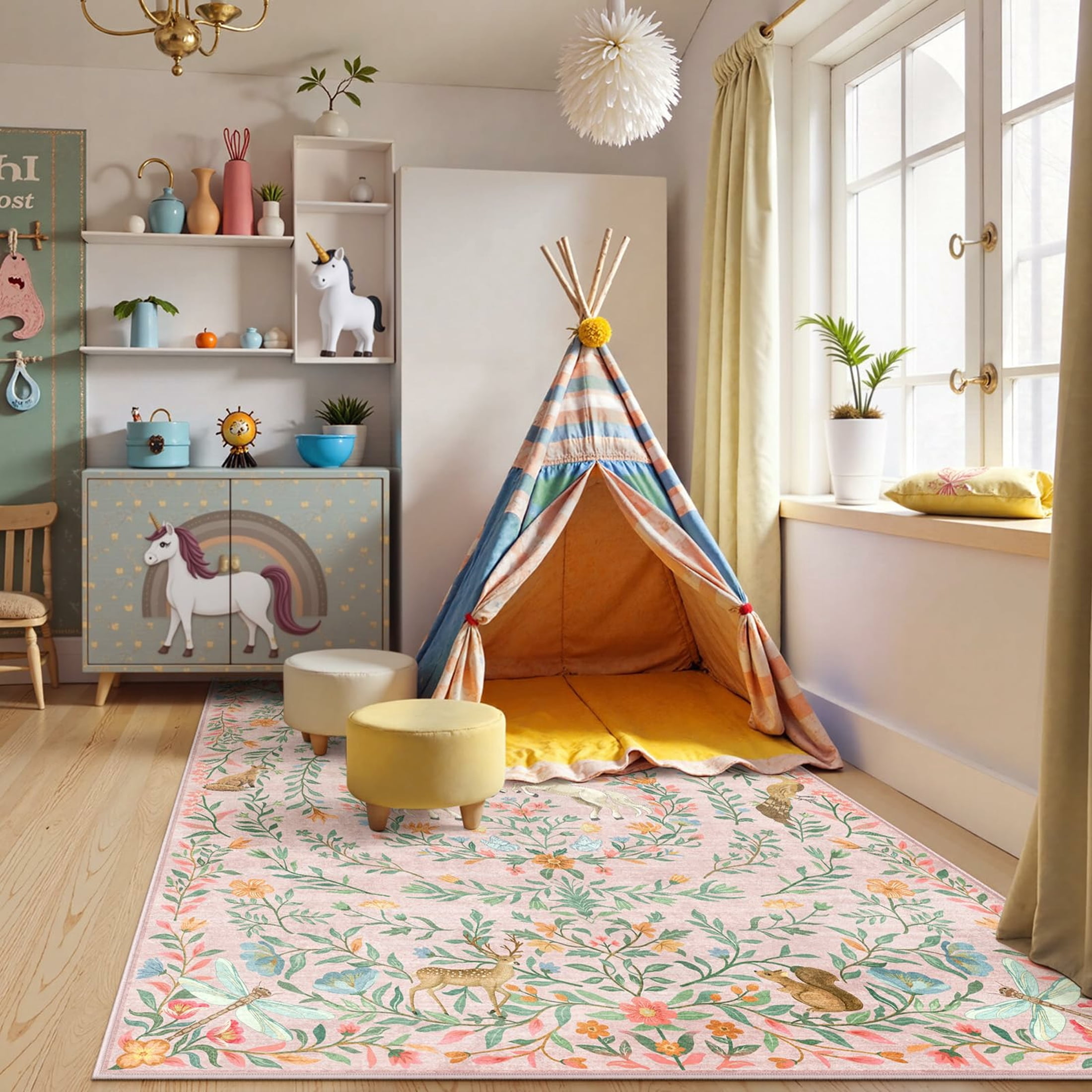 Moynesa 5'x7' Washable Fantasy Garden Area Rugs for Living Room, Vintage Botanical Unicorn Girls Rugs for Bedroom, Animal Accent Carpet for Nursery Playroom, Pink