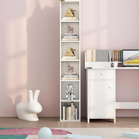NEWSENDY 68.5 Inches Small Tall Narrow Corner Bookshelf, 6 Shelf Cubby Storage Organizer, Freestanding Storage Cabinet for Bedroom Library Living Room Home Office, White