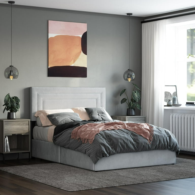 Queer Eye Oxford Upholstered Storage Bed Frame Queen Light Gray Velvet