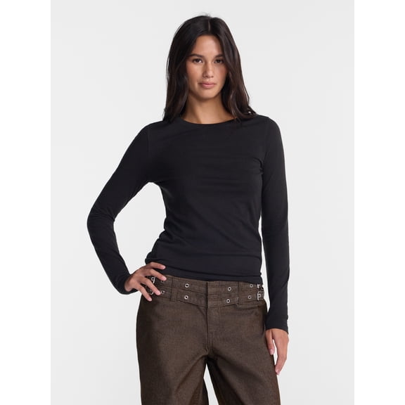 No Boundaries Crewneck Tee with Long Sleeves, Women's XXS-XXL
