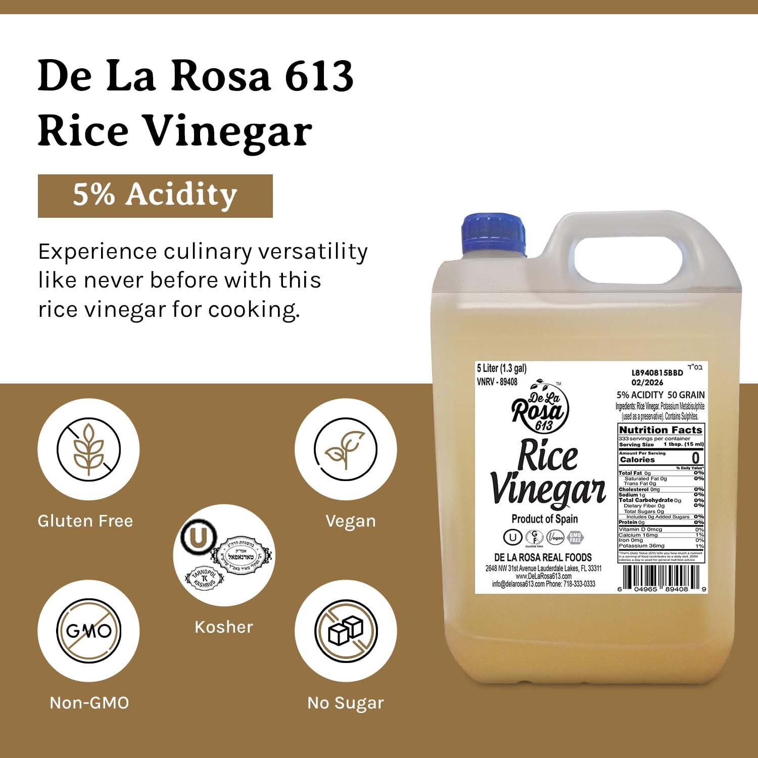 De La Rosa 613  5-Liter Rice Vinegar: Gluten-Free, Non-GMO