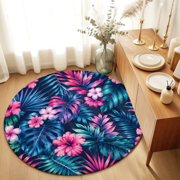 Round Rugs 4Ft, Tropical Plants Round Area Rug Washable Indoor Throw Carpet, Summer Floral Monstera Palm Leaf Vintage Soft Non Slip Circle Rug for Kitchen Nursery Room Home Decor Aesthetic