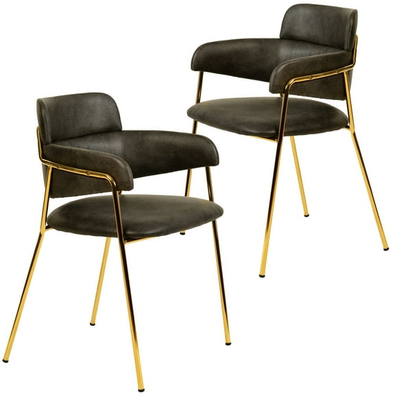 LeisureMod Dining Chair Upholstered in Leather Ergonomic Padded Open-Back and Side with Stainless Steel Legs Axis Collection Set of 2 in Charcoal