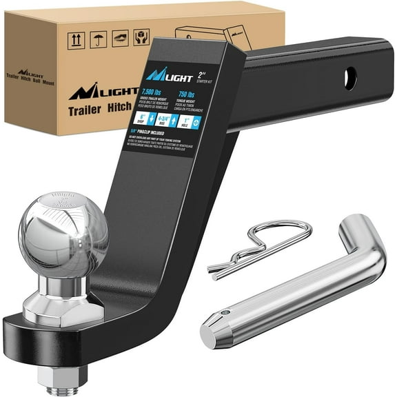 Nilight Trailer Hitch Ball Mount with 2 Inch Trailer Ball & 5/8" Hitch Pin Clip Fits 2 Inch Receiver Square 7500 lbs 6" Drop, 4-3/4” Rise, 1” Hole, Gloss Black Powder Coat, 2 Years Warranty