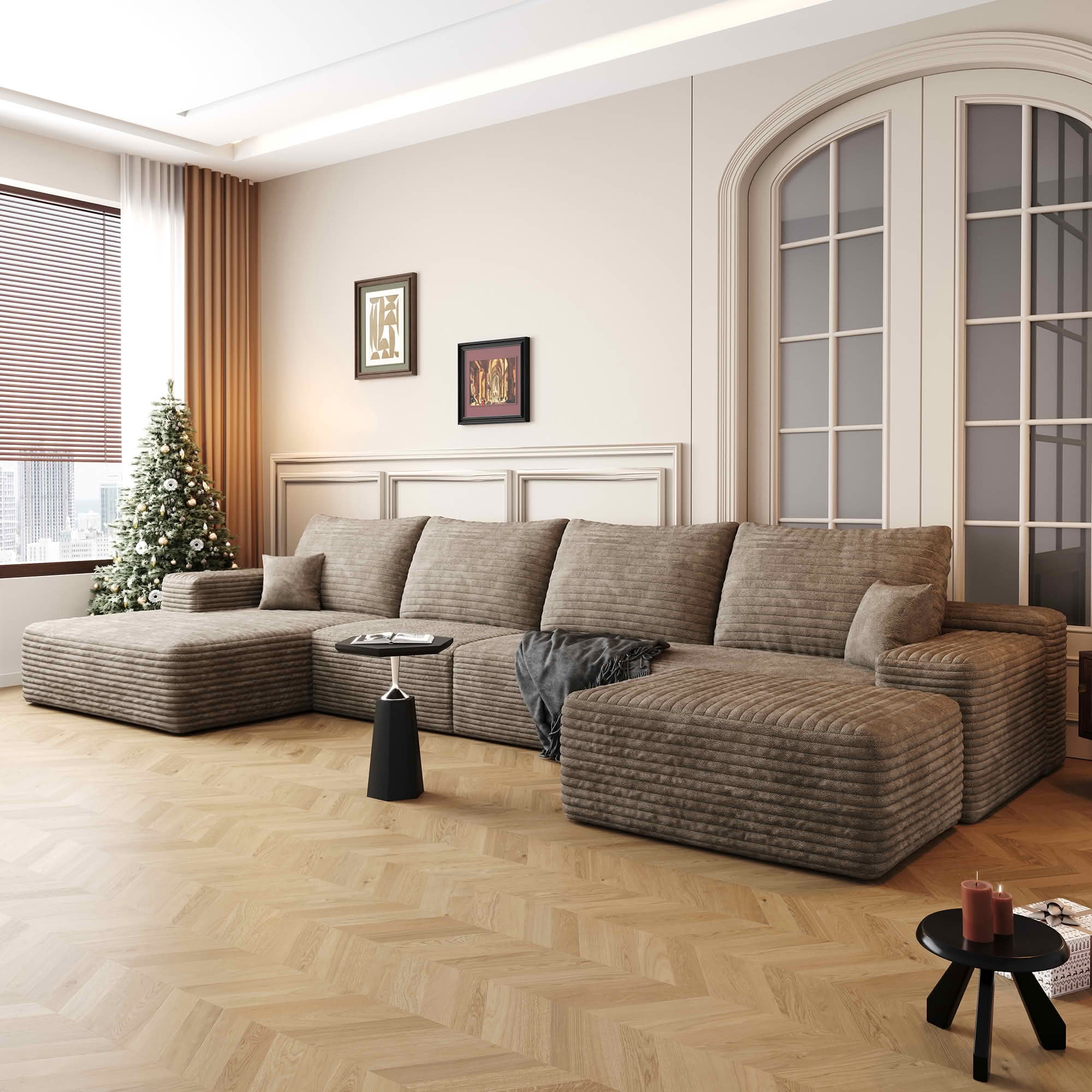 MAYEERTY 135" Cloud Sectional Sofa with Ottoman, U Shaped Deep Seat Couch, Plush Corduroy Fabric, No Assembly Required, Camel